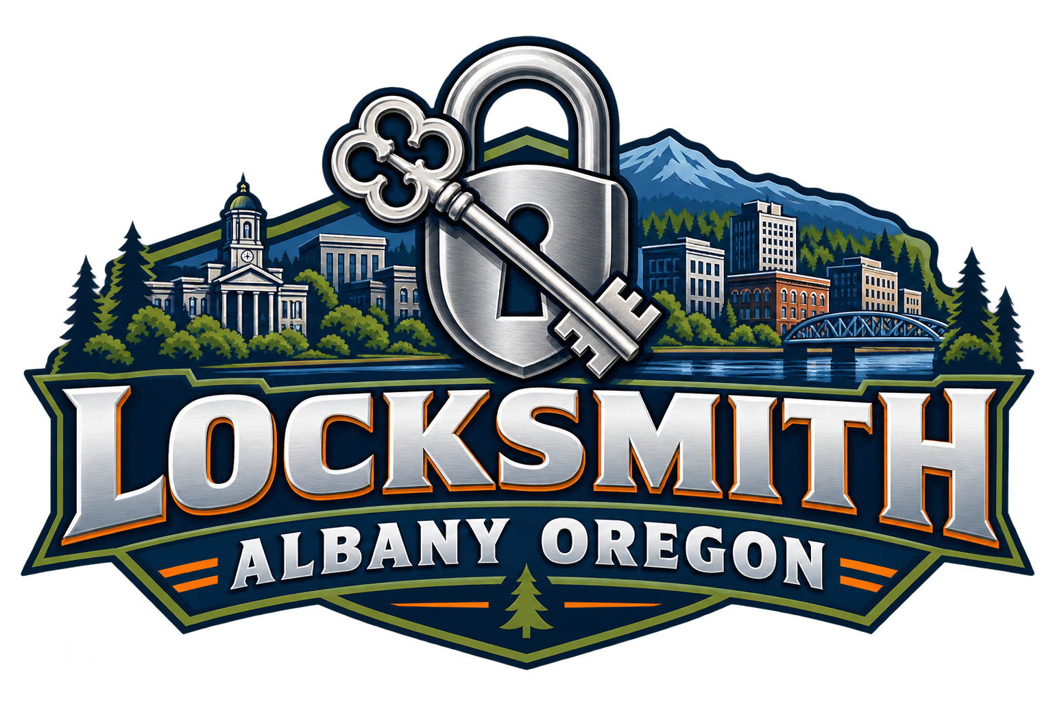 Locksmith Albany Oregon logo with a silver padlock, vintage key, city skyline, bridge, trees, and mountain backdrop.